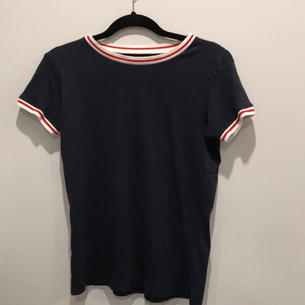 Navy blue shirt w red and white collar and cuffs